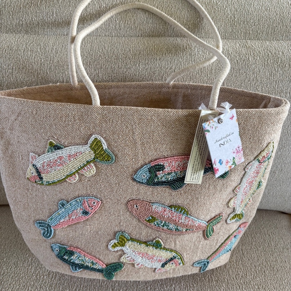 Beaded Fish Design Beige Canvas Tote